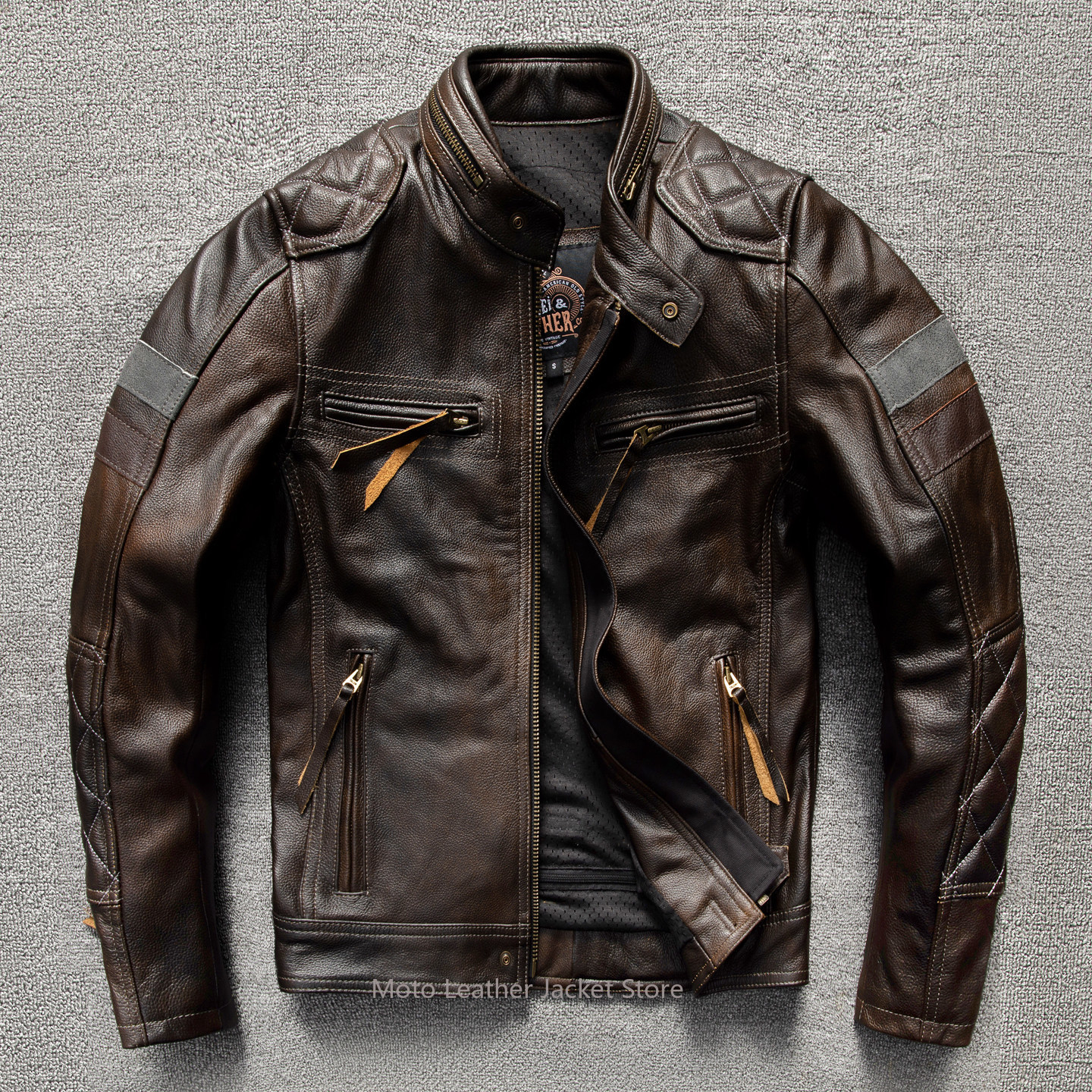Motorcycle Gear Vintage - Amerikanische Vintage-Bikerjacke aus echtem Leder mit